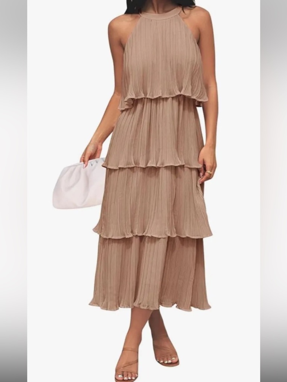Sleeveless Tiered Layered Chiffon Midi Dress in Taupe Wedding Guest Halter Top